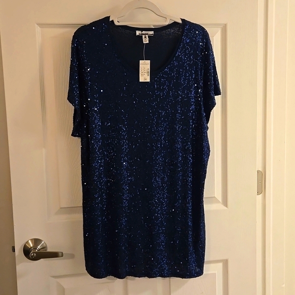Womens Dress Barn 2x Navy sequin short sleeve top NWT - Picture 1 of 4